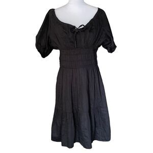 GAP MilkMaid Smocked Waist Peasant Sleeve Cotton Dress Black Sz L Tall